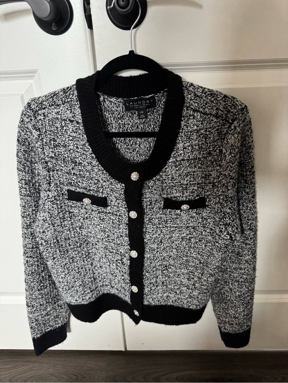 Laundry by Shelli Segal Black & White Bouclé Cardigan Sweater L NWOT